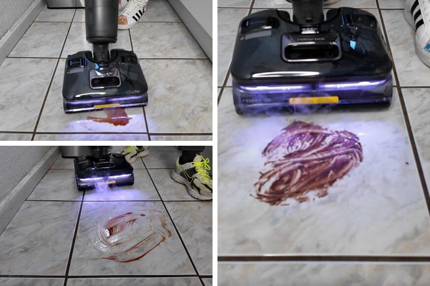 Vorher-Nachher-Vergleich der eingetrockneten Flecken nach Hot-Water-Mode und Steam Mode beim Roborock F25 Ultra.